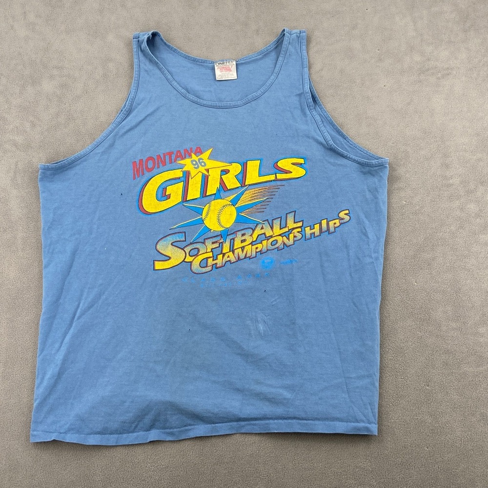 VTG 1996 University of Montana Softball Championships Tank Top Sz XL Blue Oneita